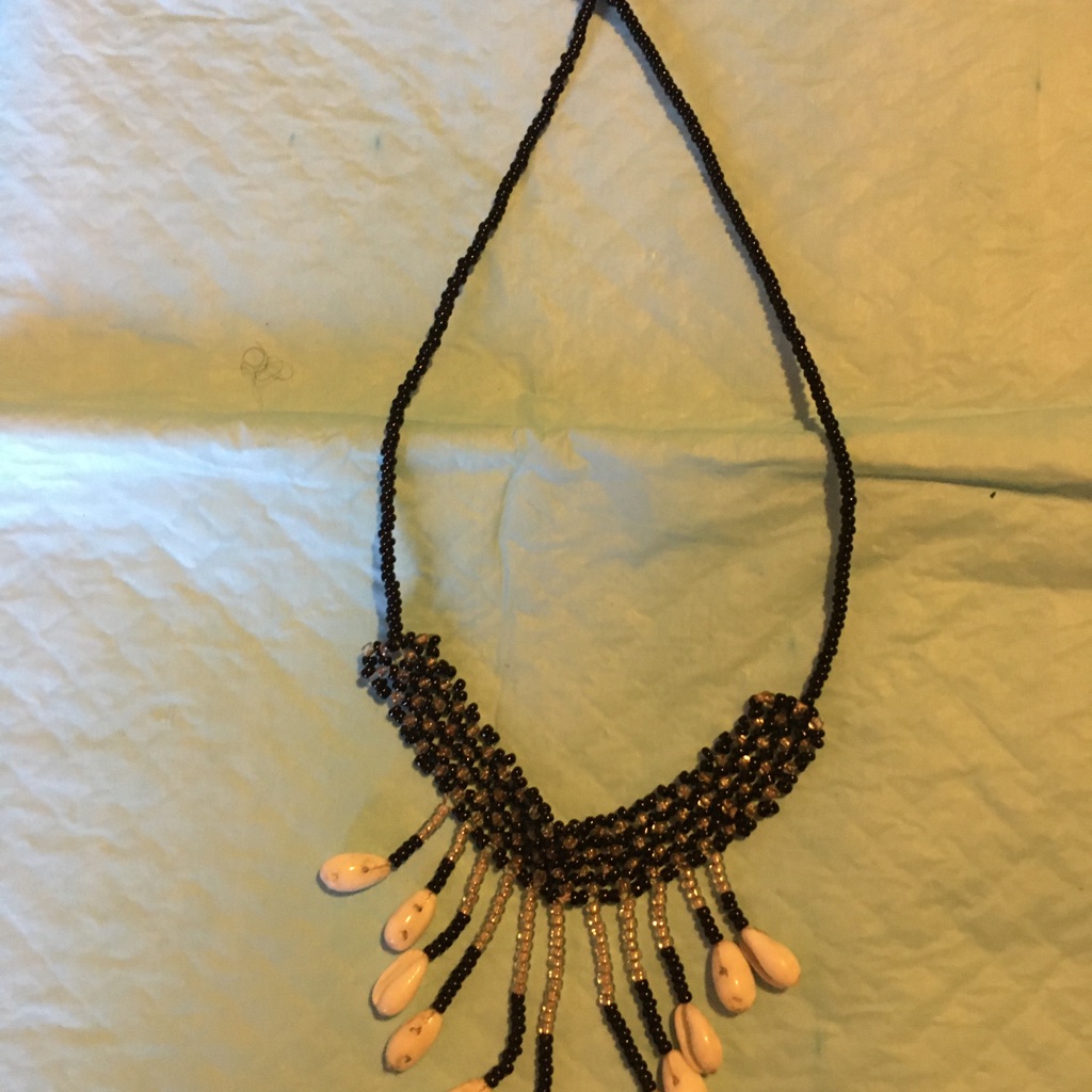 Black And Gold Beaded Necklace With Cowrie Shells
